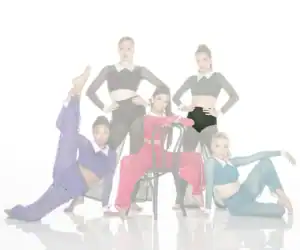 Five dancers pose in colorful costumes against a white background.