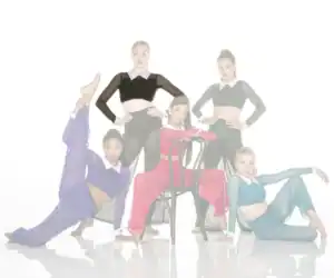 Five dancers in colorful outfits pose against white background.