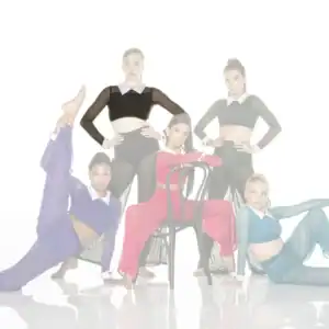 Five dancers in colorful outfits pose against white background.