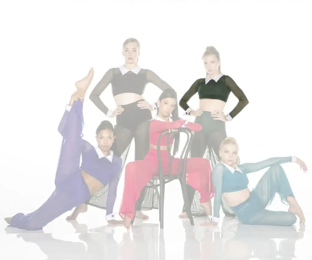 Five dancers pose in colorful outfits against white background.