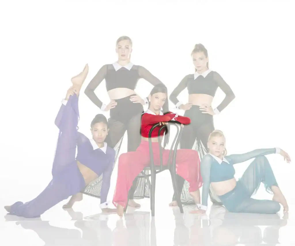 Five dancers pose in colorful costumes against a white background.