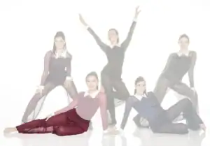 Five dancers pose in sheer costumes against a white background.