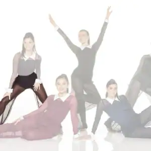 Five dancers posing in sheer black costumes