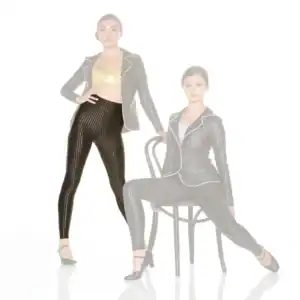 Two women model black pinstripe outfits against a white background.