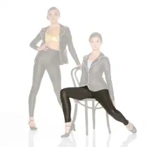 Two women model black pinstripe outfits against white background.