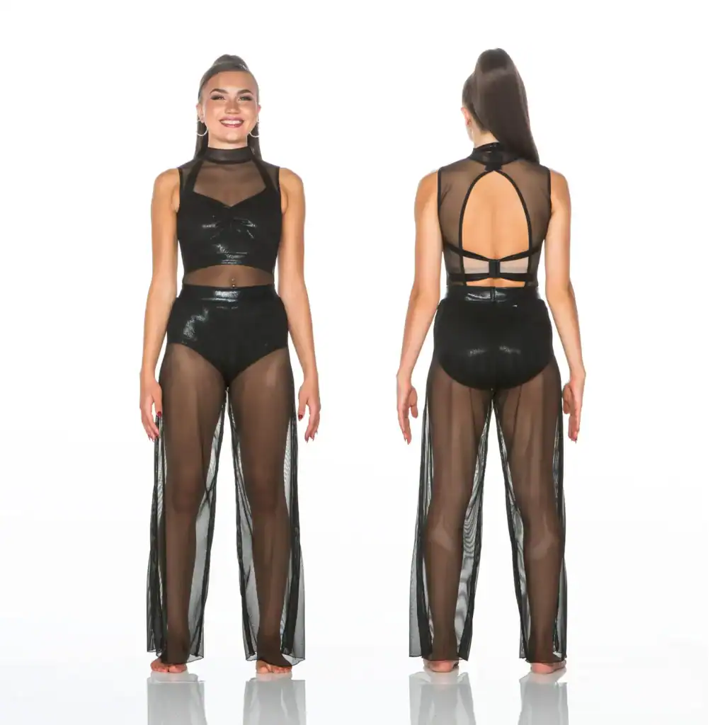 Front and back views of black sheer mesh outfit