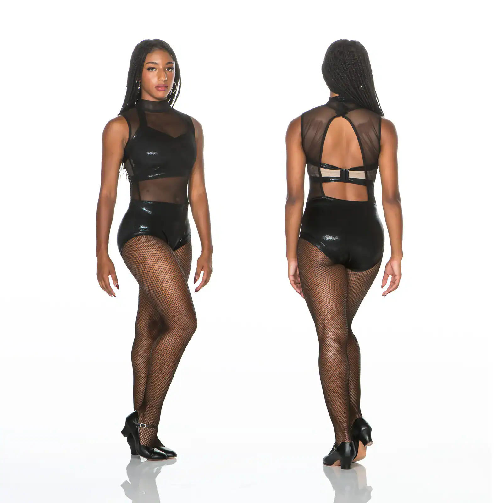 Model wearing black mesh bodysuit, shown front and back