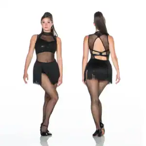 Model wearing black mesh fringe dance costume, front and back