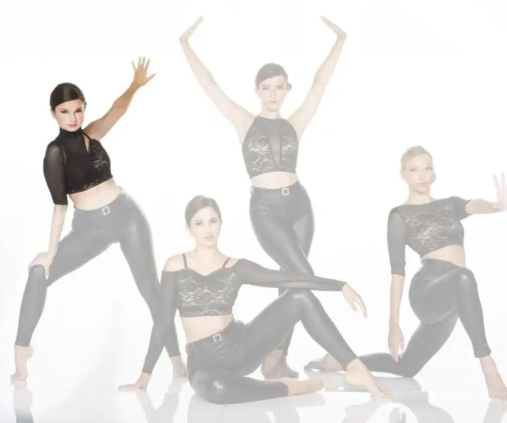 Four women in black outfits posing against white background
