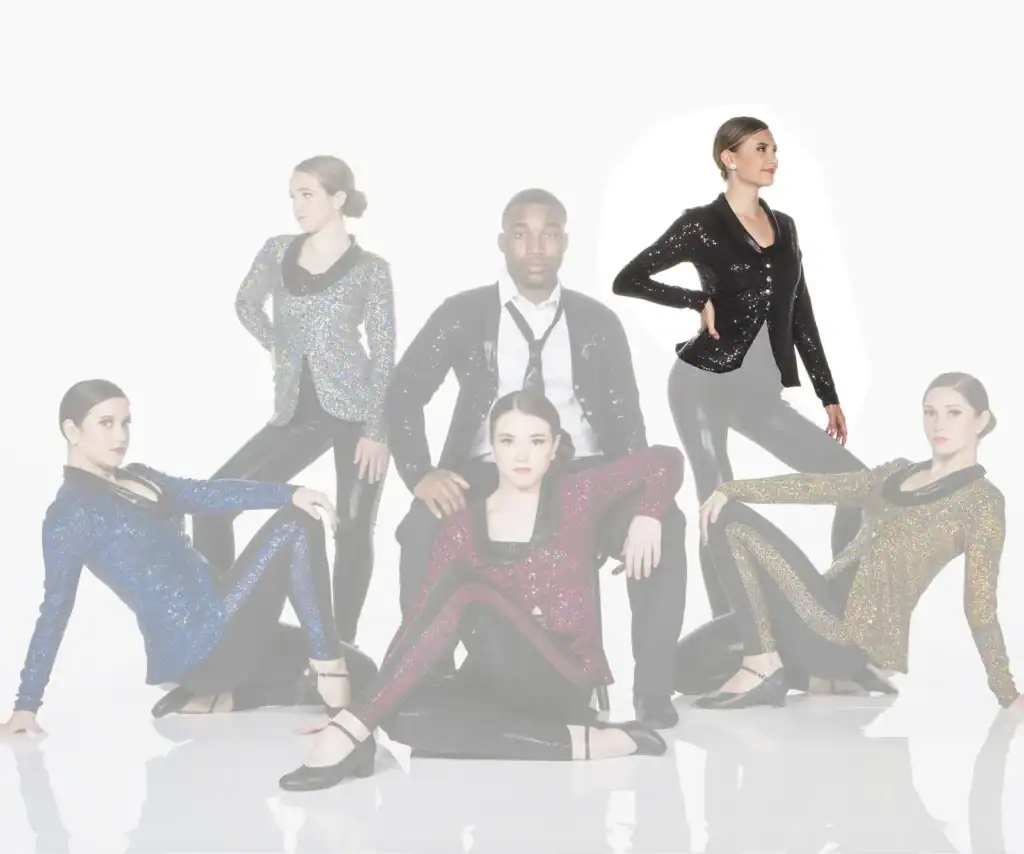 Six performers pose in sparkling jackets against a white background.