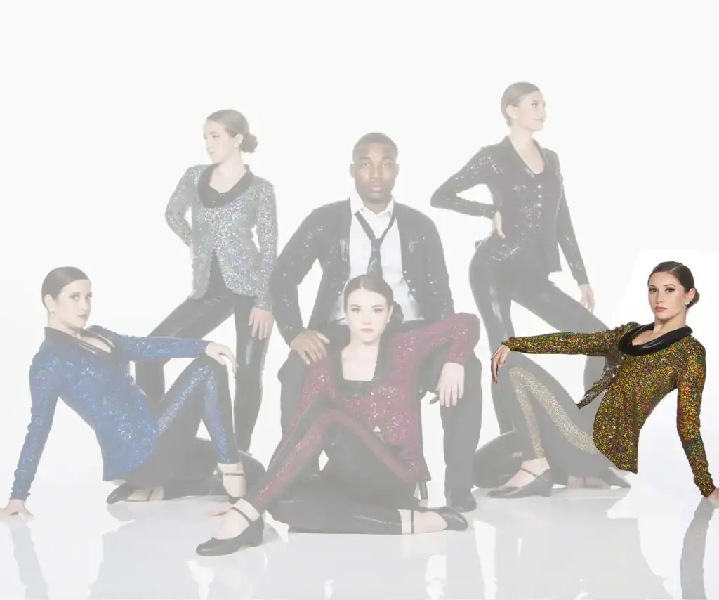 Fashion models posing in sparkling jackets against white background