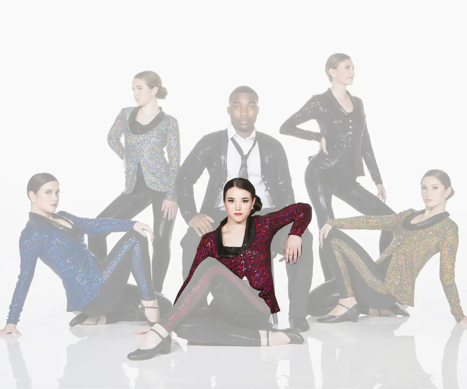Five fashion models in sparkling jackets pose on white background.