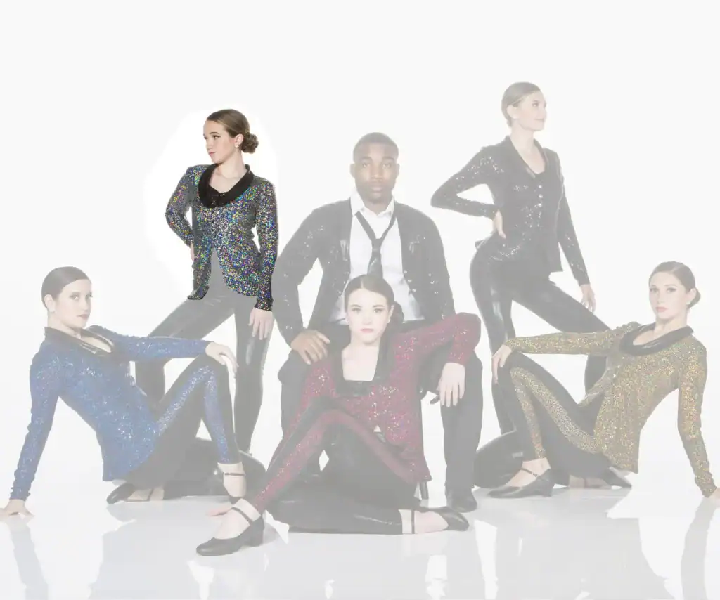 Five performers pose in sparkling black costumes against white background.