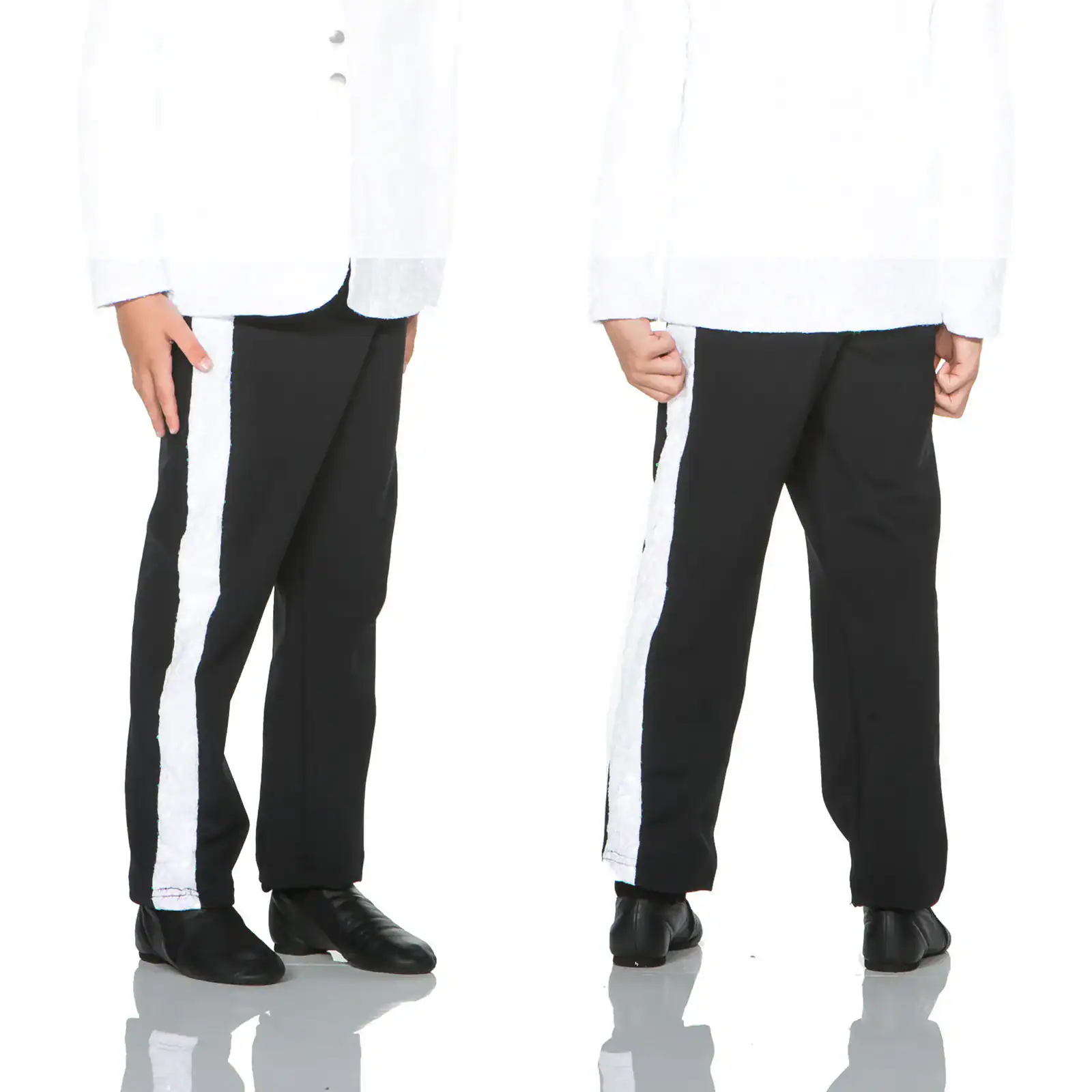Black pants with white lace side stripes, front and back views