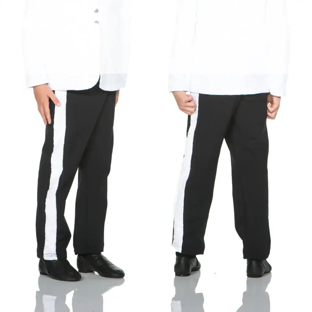 Black pants with white textured side stripes, front and back