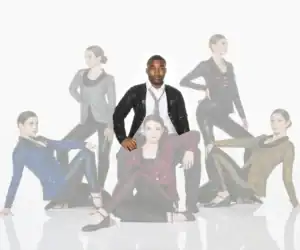 Five dancers pose in sparkling jackets against white background.