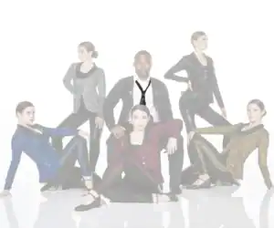 Six performers pose in glittering jackets against white background.