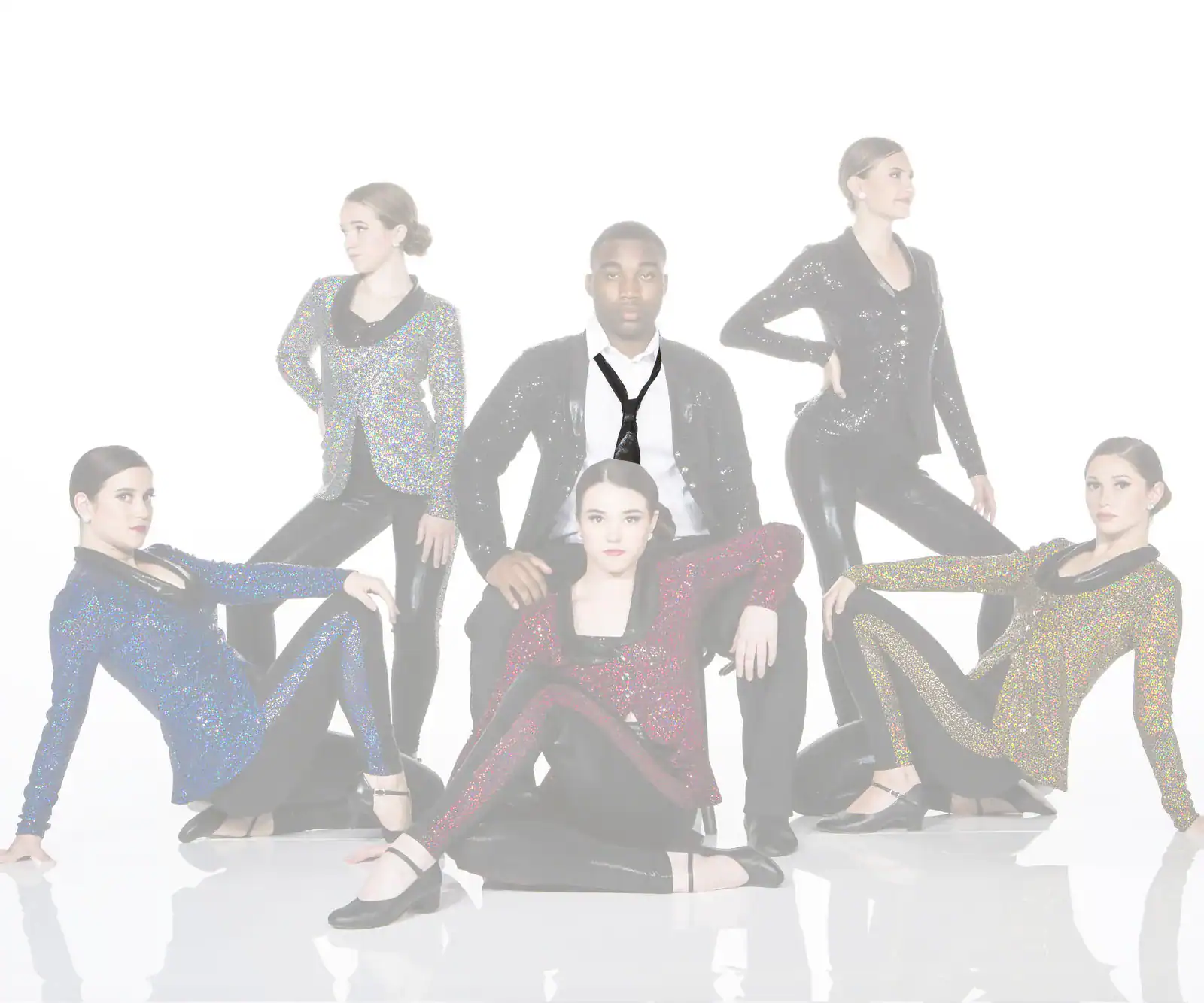 Six performers pose in glittering jackets against white background.
