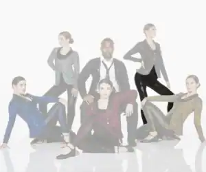 Five dancers pose in sparkling costumes against a white background.