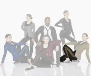 Five dancers pose in sparkling costumes against white background.