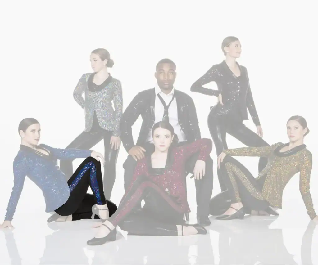 Five dancers pose in glittery jackets against white background.