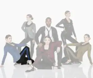 Five dancers pose in glittery jackets against white background.