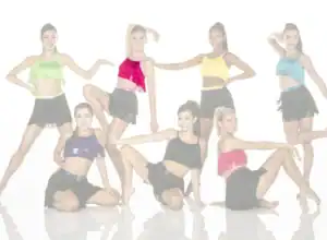 Seven dancers posing in colorful fringe crop tops and black skirts