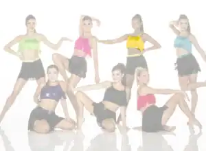 Seven dancers pose in colorful fringe costumes.