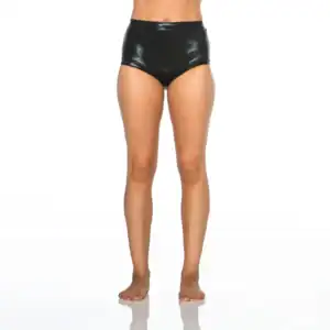 Model wearing shiny black high-waisted shorts on white background