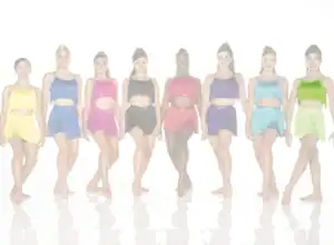 Seven dancers in colorful fringe costumes posing together