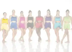 Eight dancers wearing colorful fringe costumes stand in a row.