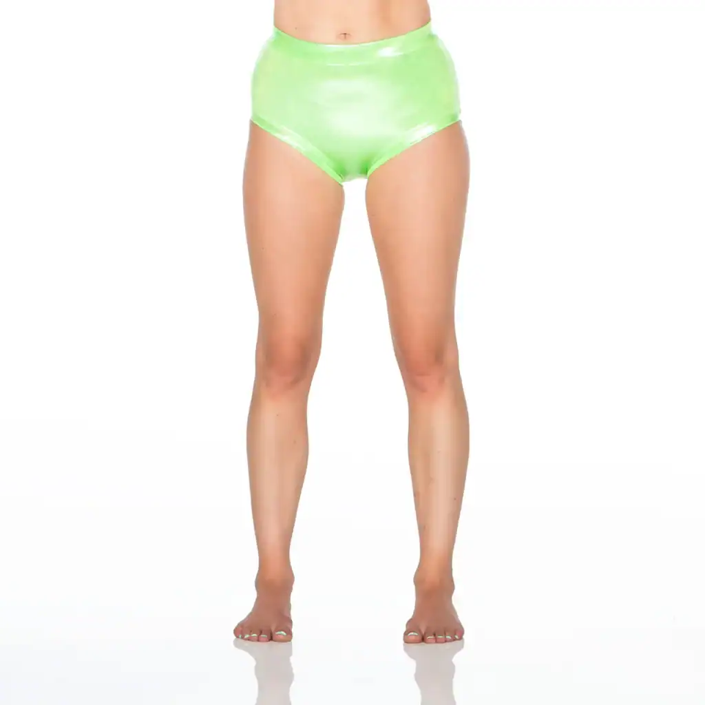 Model wearing neon green high-waisted bikini bottoms