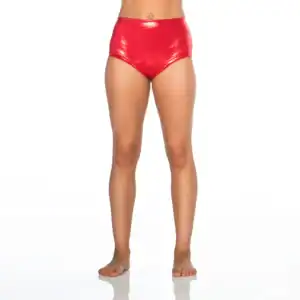Model wearing shiny red high-waisted briefs