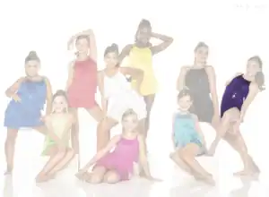 Young dancers posing in colorful fringe costumes against white background.