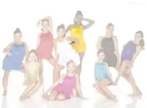 Young dancers posing in colorful fringe costumes against white background.