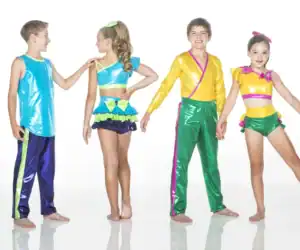 Four children modeling colorful metallic dance costumes