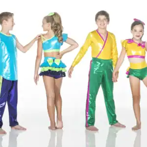 Four children modeling colorful metallic dance costumes