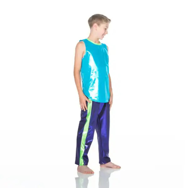 Boy wearing shiny blue and green athletic costume