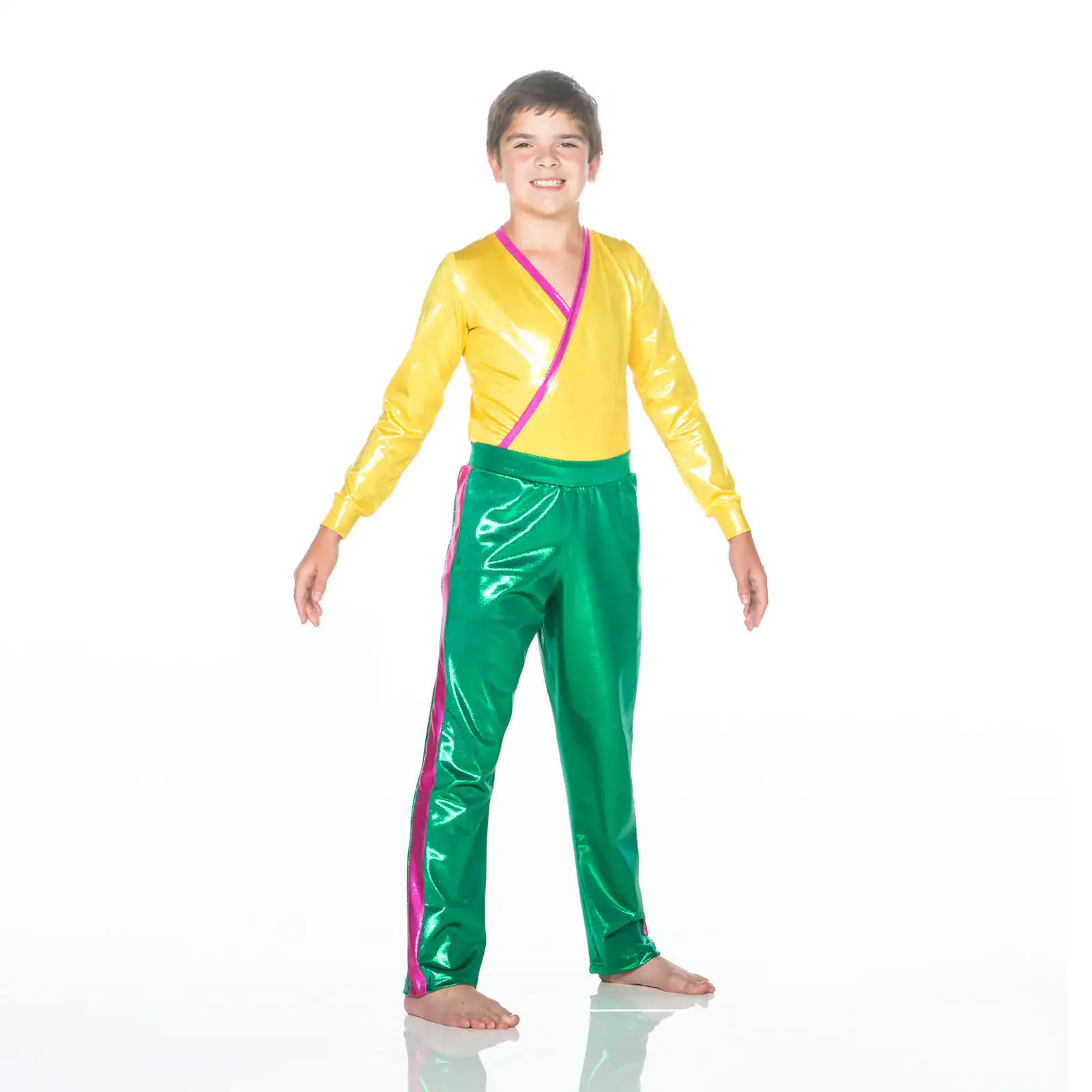 Boy wearing colorful yellow and green dance costume