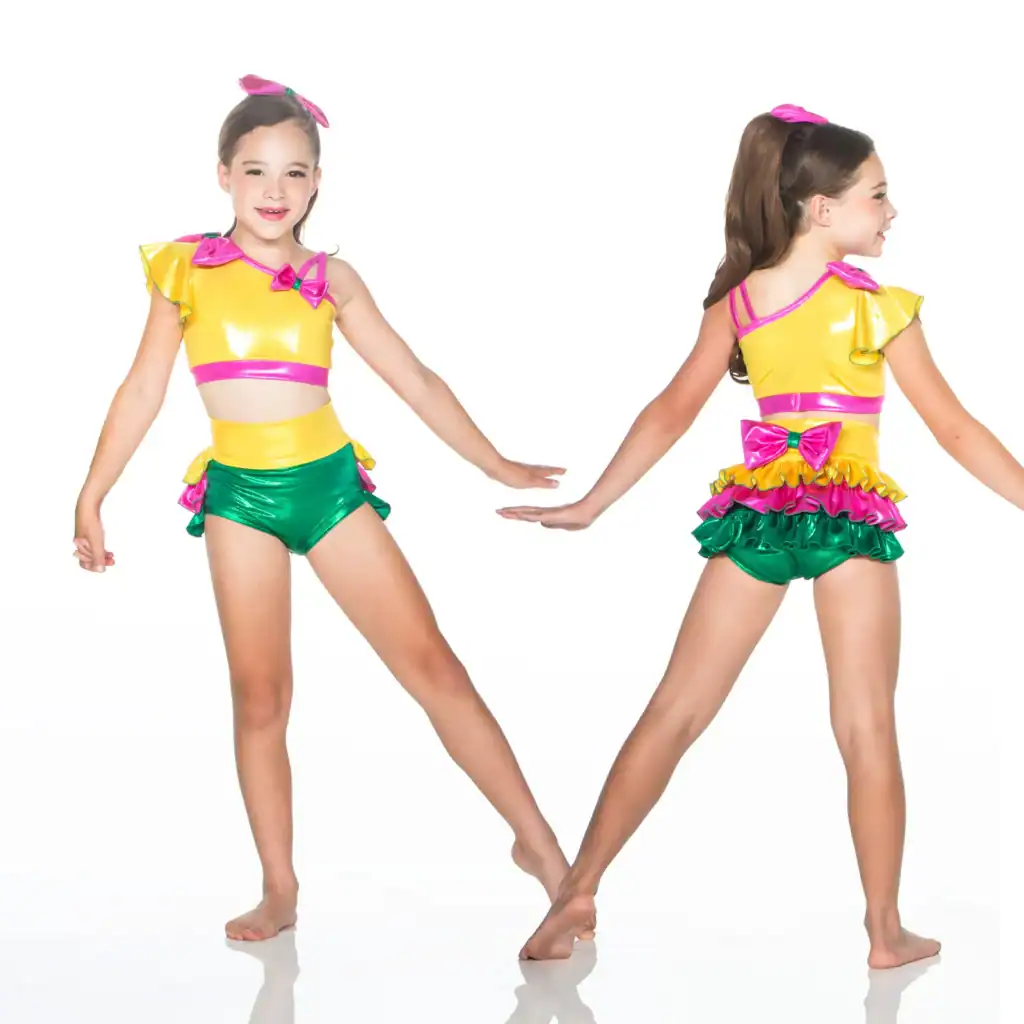 Girl modeling yellow, green, and pink dance costume front and back