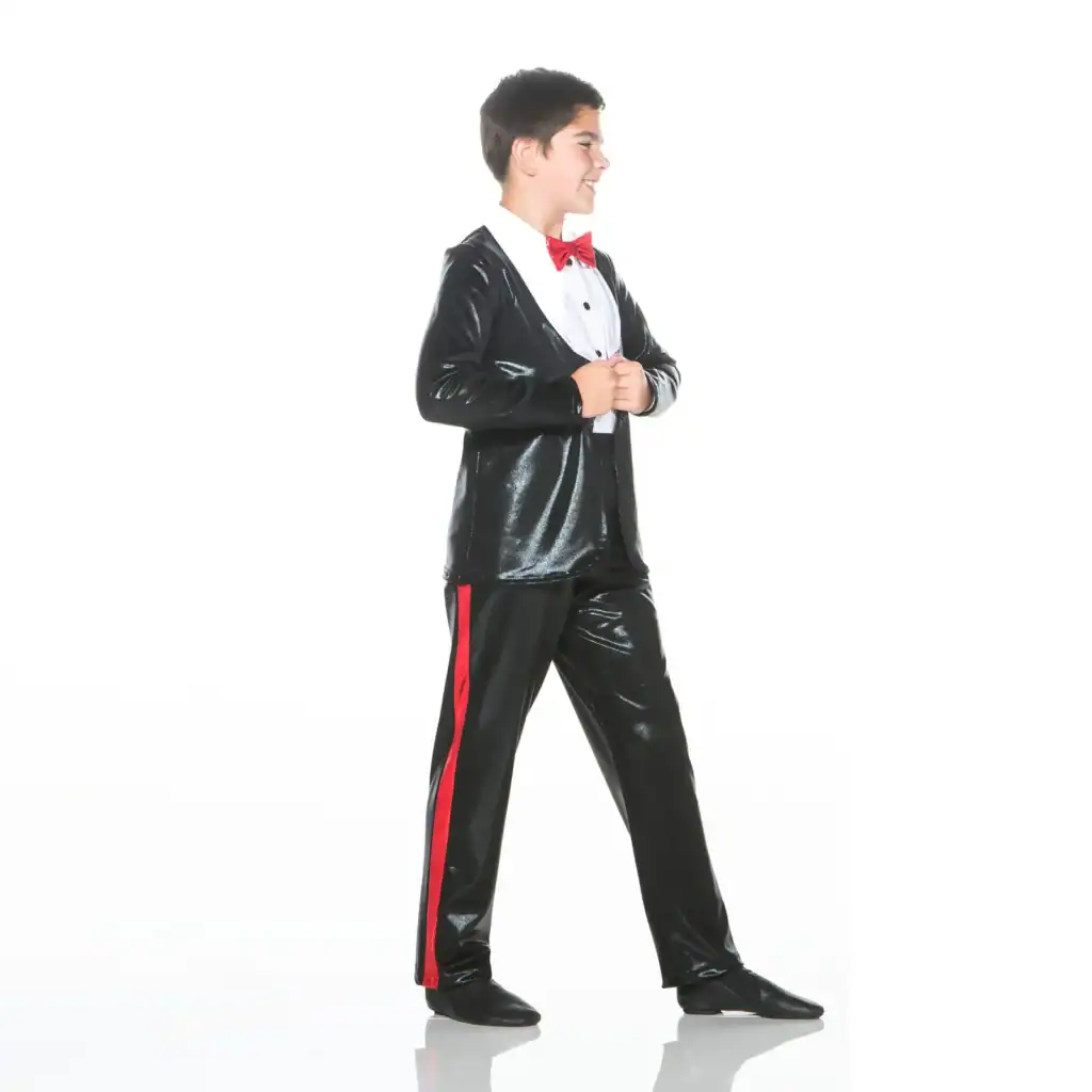 Boy wearing black tuxedo costume with red bow tie