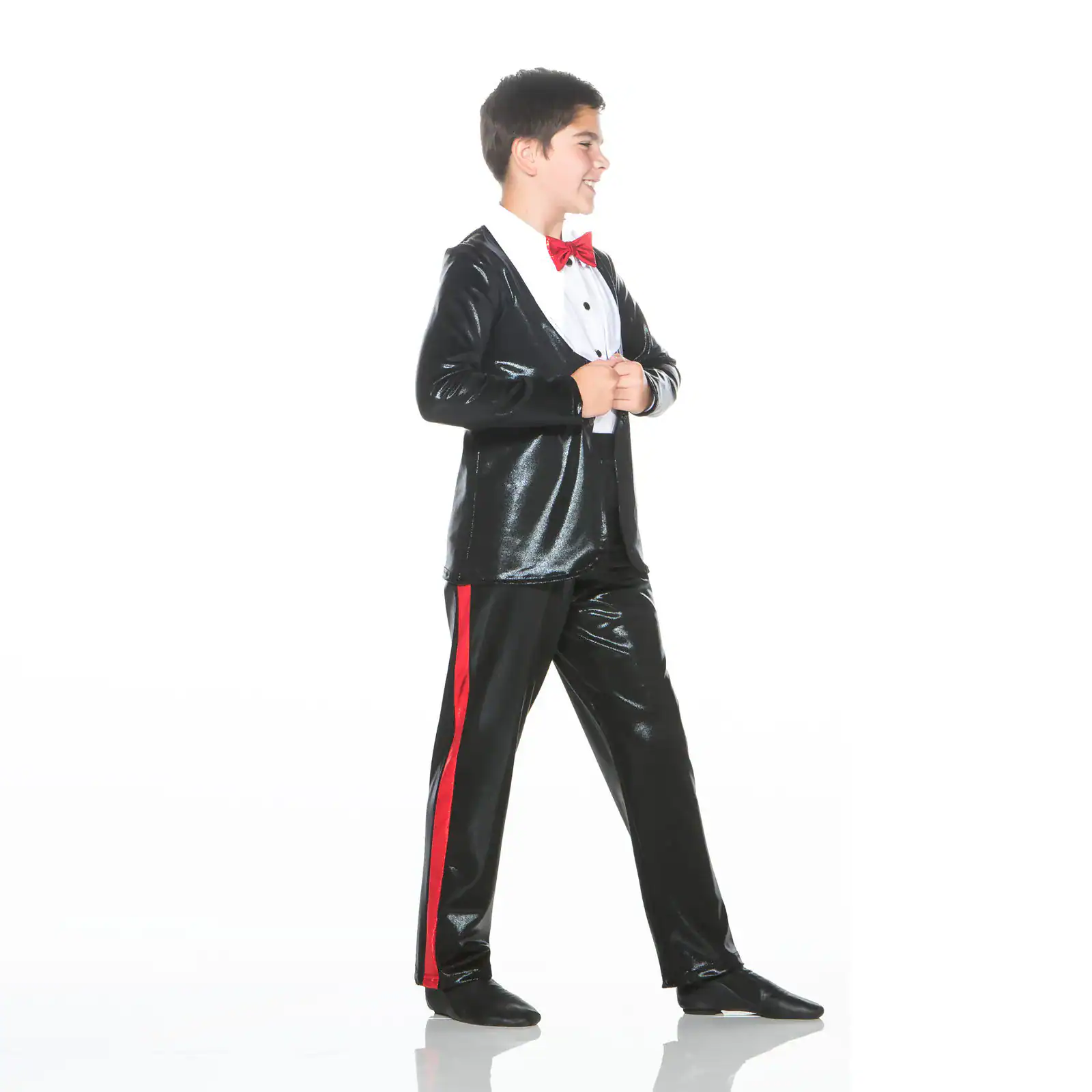 Boy wearing black tuxedo costume with red bow tie