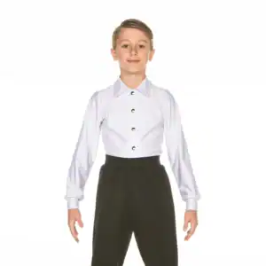Child wearing white button-up shirt and black pants