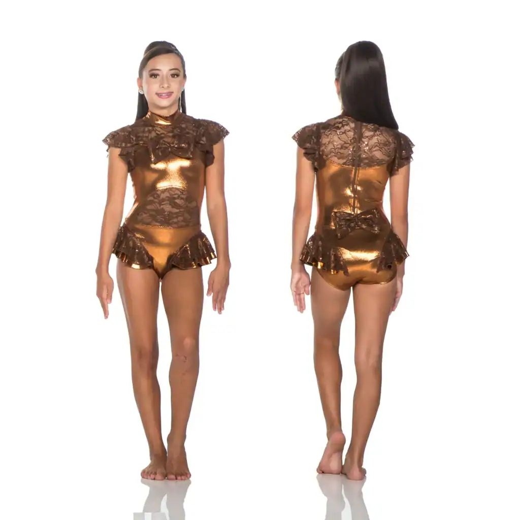 Front and back views of bronze lace dance costume