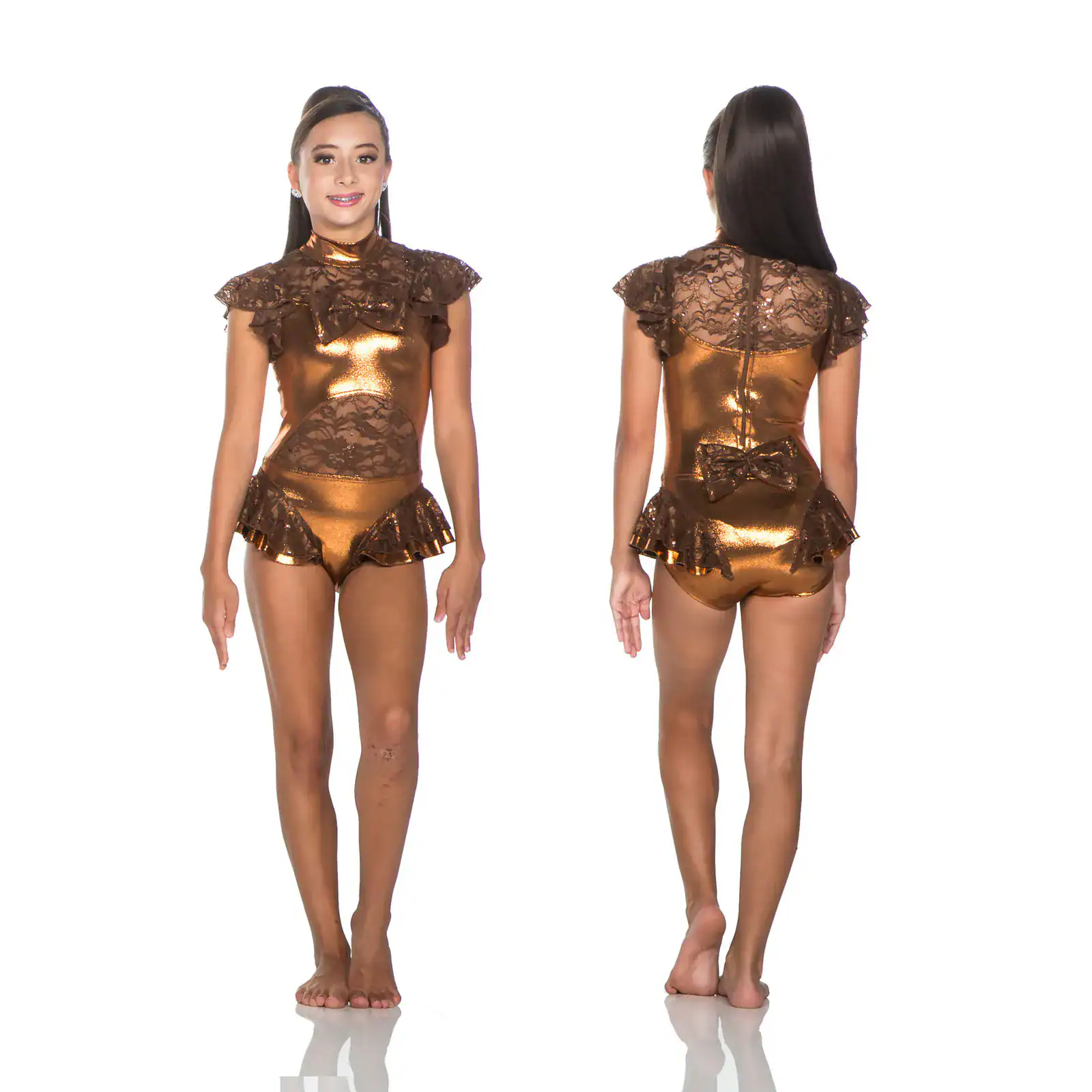 Front and back views of bronze lace dance costume