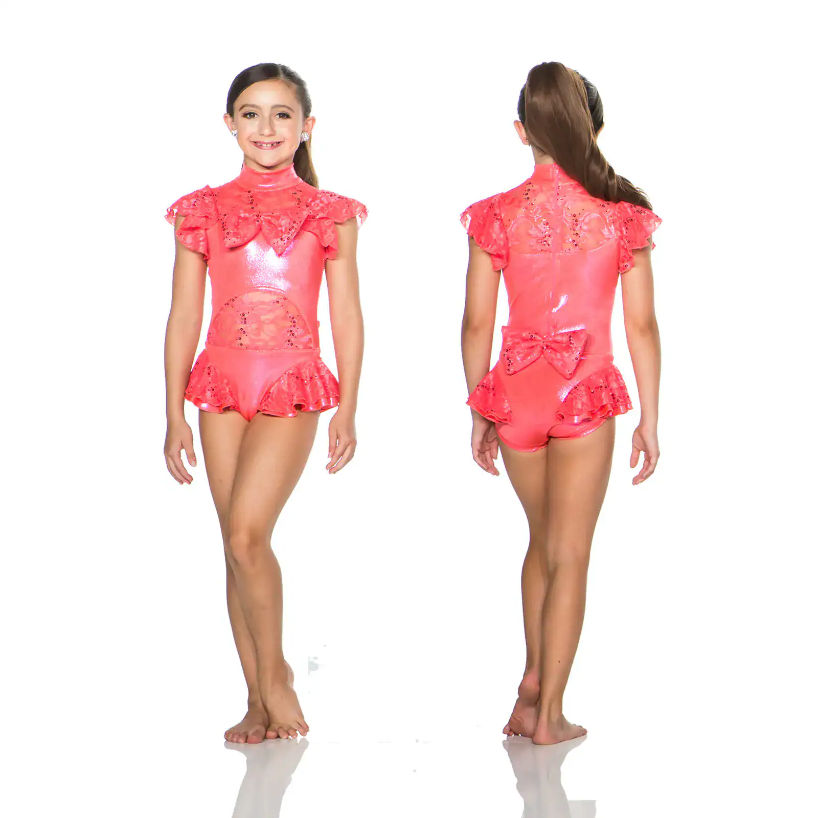 Girl modeling pink sequined dance costume, front and back views
