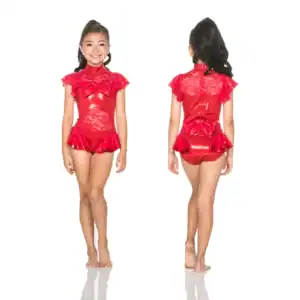 Girl modeling red lace dance costume, front and back views