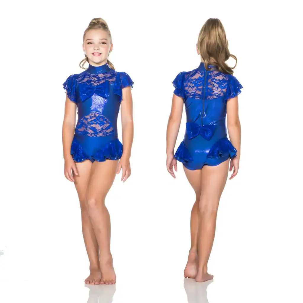 Girl modeling blue lace dance leotard, front and back views