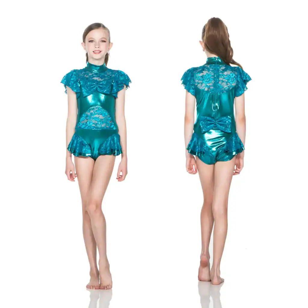 Front and back views of teal metallic dance costume