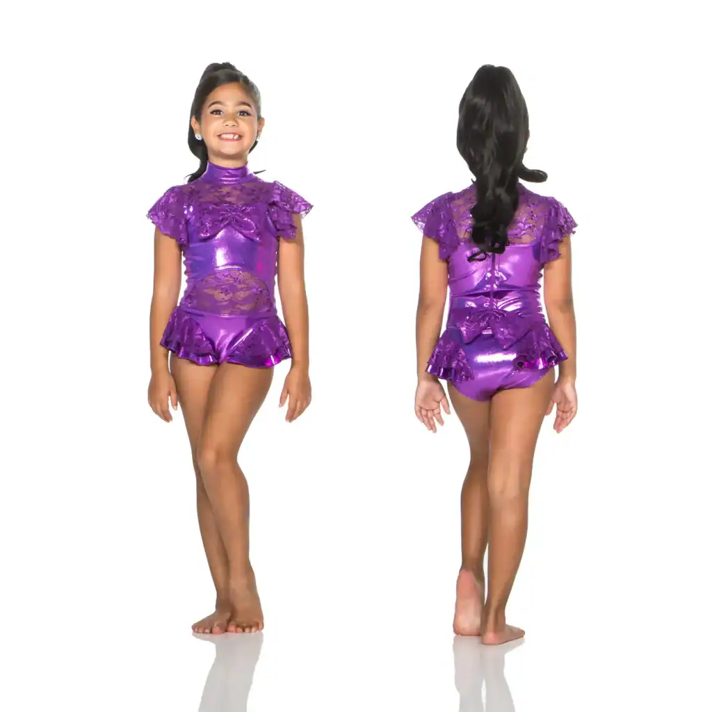 Girl modeling purple sequined dance costume, front and back views